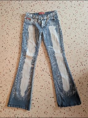 Youth/Womens Y2K Vintage Bongo Two-Tone Distressed Flare Jeans - Blue